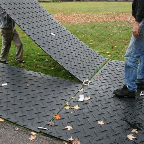 Ground protection mats in use on a jobsite